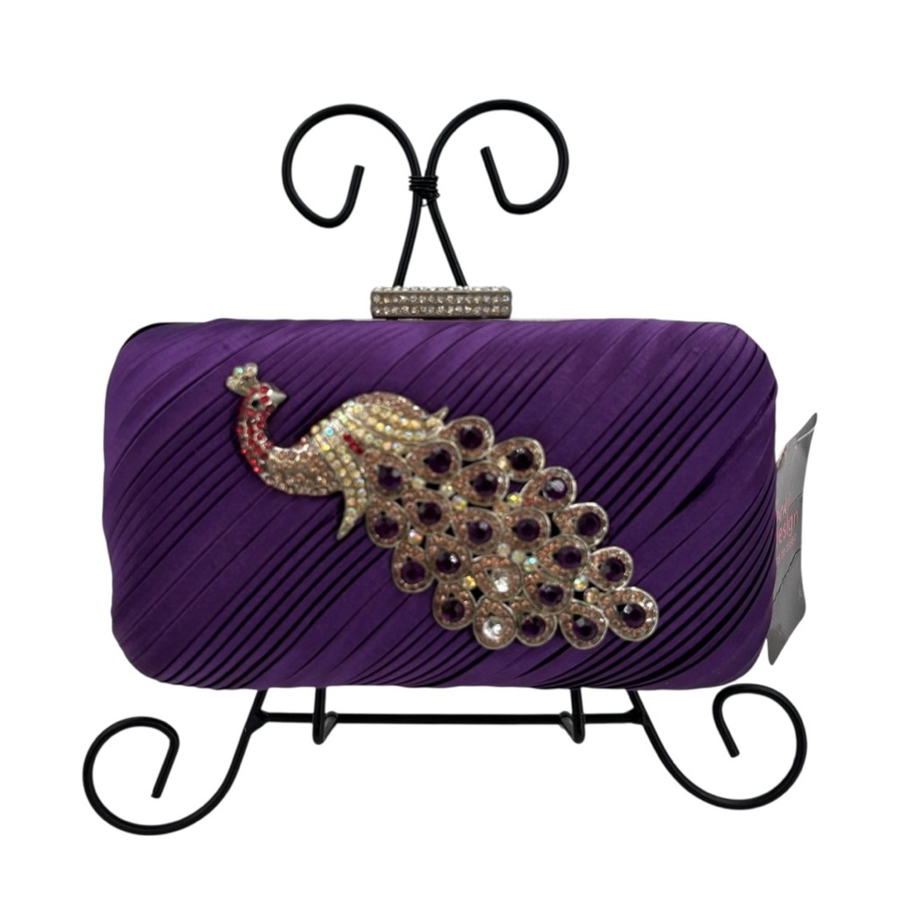 Purple Satin Rhinestone Peacock Evening Clutch Bag Chain NWT